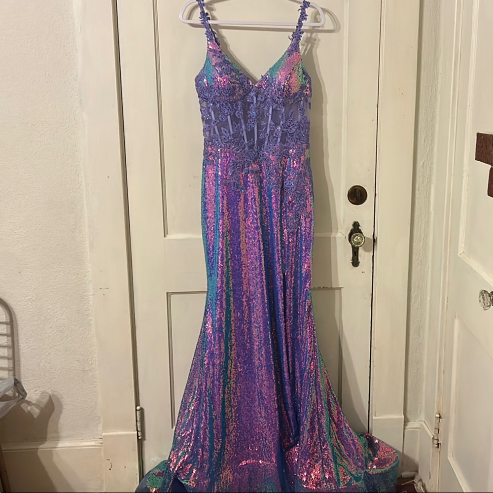 Purple Sequin Embellished Sleeveless Prom Gown